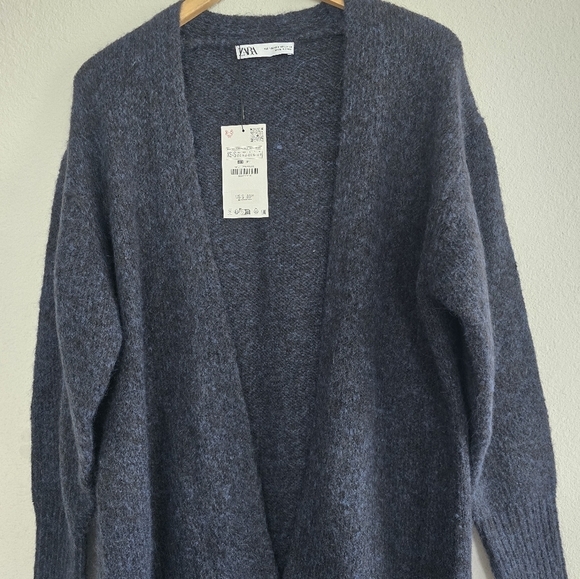 ZARA Woman XS-S Blue Knit Long Open Front Oversized Alpaca Coatigan Sweater New - Picture 3 of 11